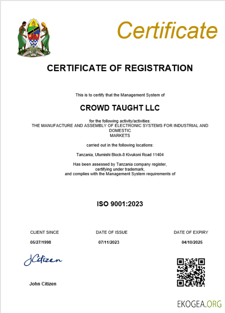 Modèle Word et PDF de certificat d'enregistrement d'entreprise en Tanzanie